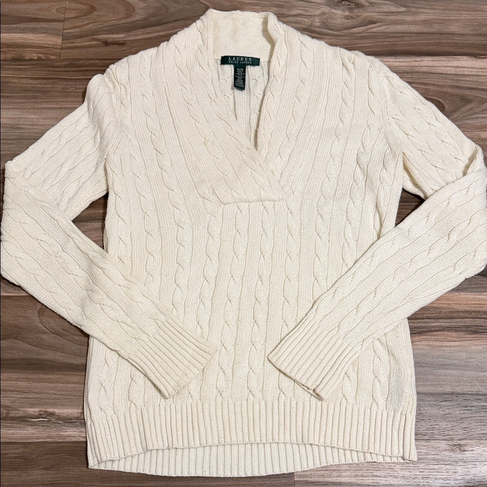 Lauren Ralph Lauren Sweater Womens Medium Cream Shawl Collar Cable Knit Pullover
